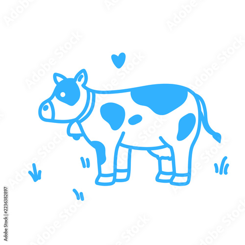 Cute blue and white cow illustration featuring a friendly cartoon design, irregular blue spots, small horns and a long tail. The simple outlined style and bold colors give this farm animal a playful, 