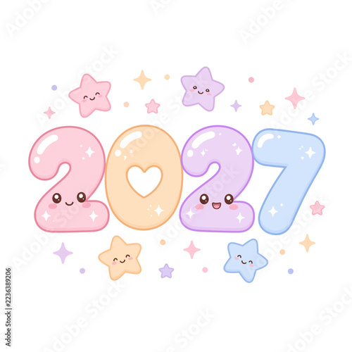 Cute pastel 2027 new year typography design with kawaii smiling numbers, heart, and stars