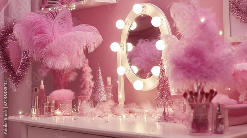 girly. Pink bedroom interior with glitter and feather decorations, vanity mirror with light bulbs. lifestyle magazines.
