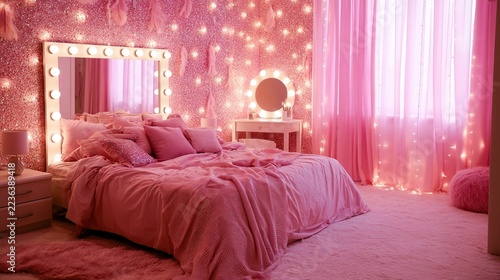 girly. Pink bedroom interior with glitter and feather decorations, vanity mirror with light bulbs. lifestyle magazines.