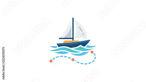 Sailboat icon with blue dotted nautical navigation path.