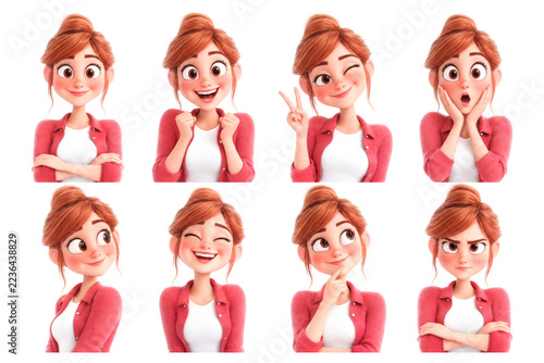 Red-haired woman expressing joy, surprise, confidence, curiosity, and frustration in portraits