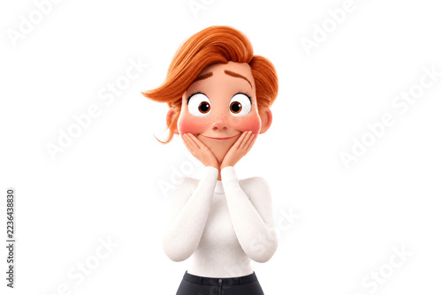 Red-haired girl cartoon character cupping her cheeks and smiling warmly against a clean white background