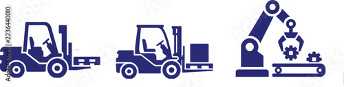Three blue icons representing industrial machinery including two forklifts and a robotic arm on a conveyor belt