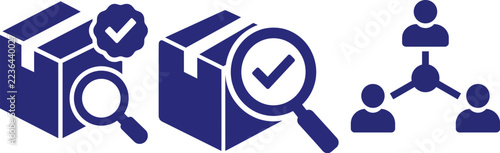 Three blue icons representing logistics, quality control, and network connections