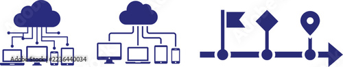 Three blue icons representing cloud computing connectivity and a process timeline path