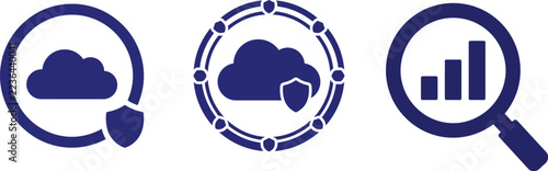 Three blue icons depicting cloud computing security and data analysis concepts