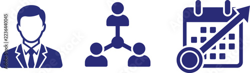 Three blue icons representing a professional person, a hierarchical organization structure, and a calendar with an upward trend arrow
