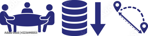 Three blue icons representing a meeting, database storage, and a travel route distance measurement on a