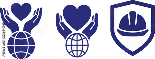Three blue icons featuring hands holding a heart over a globe and a hard hat inside a shield shape