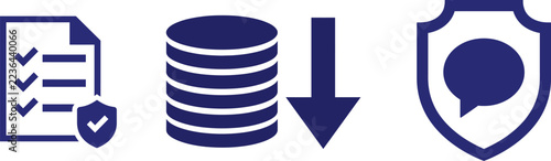 Three dark blue flat vector icons representing document security, database download, and secure communication