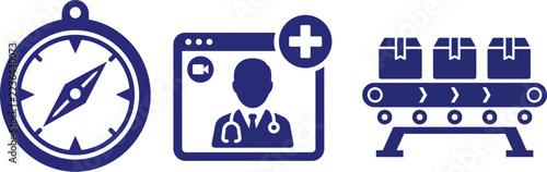 Three blue icons representing a compass, a telehealth medical consultation, and a conveyor belt with packages