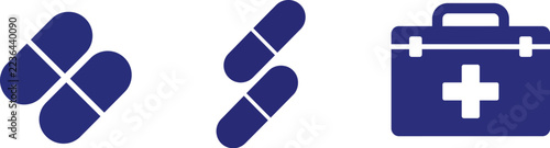 Three blue medical icons representing two pills, a pair of capsules, and a first aid kit for healthcare and pharmaceutical design
