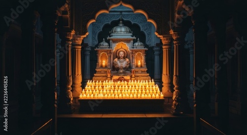 Ornate temple interior with a statue, lit candles, arched doorways and a dark ambiance