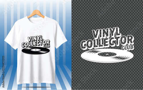 White t-shirt with vinyl collector club print, featuring a retro music record for audiophiles and vintage vinyl record lovers