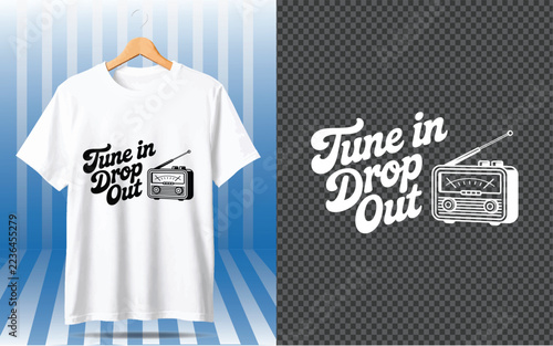 White t-shirt with tune in drop out text and vintage radio isolated on a transparent background, for custom apparel, and clothing prints