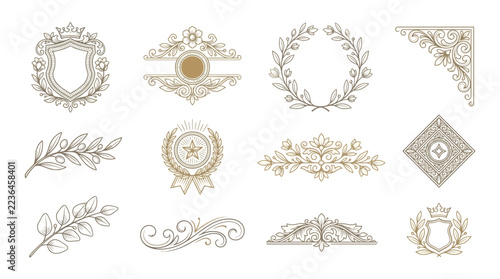 Ornate vintage design elements, crests, dividers, borders, isolated