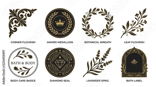 Ornate Emblems & Flourishes: Laurel Wreath, Crown, Diamond, Floral Badges