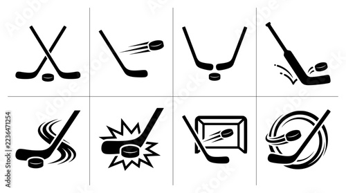 Photography Ice hockey stick and puck silhouette icons set for sports and game design