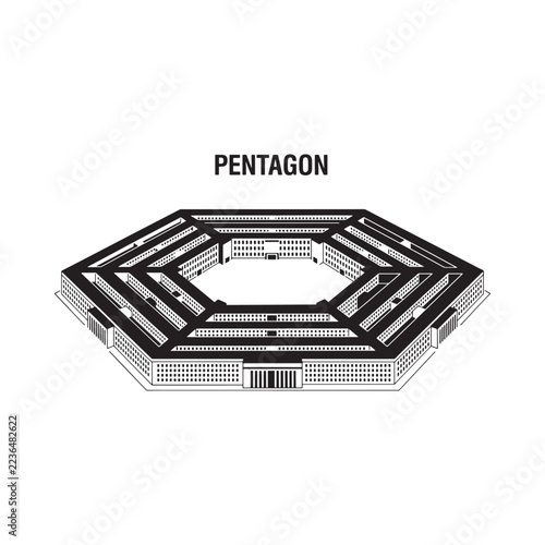 Isometric pentagon building illustration with detailed facade on a white background