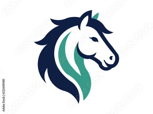 Minimalist horse head logo design, stylized equine profile with flowing mane in dark blue and teal colors, elegant vector illustration representing strength and grace