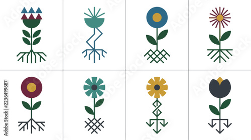 Eight colorful geometric flower icons with roots showing botanical growth in modern folk