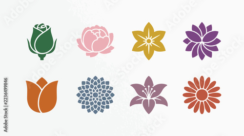 Colorful collection of eight minimalist botanical flower icons for elegant floral graphic design