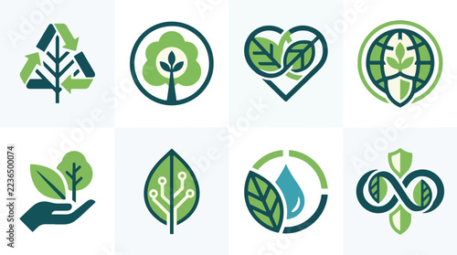 Sustainable green ecology icon collection featuring nature symbols for environmental conservation...