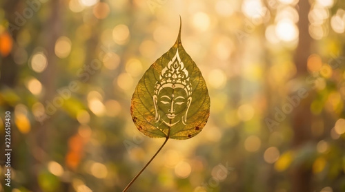 Buddha face carved on bodhi leaf.
