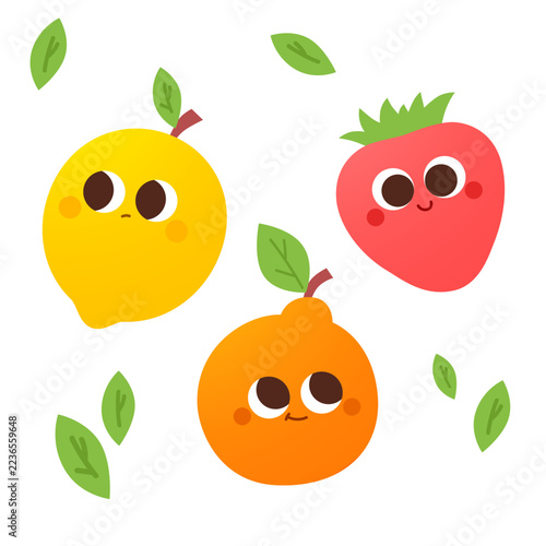 Adorable collection of cute cartoon fruit characters featuring a bright yellow lemon, a juicy red strawberry and a cheerful orange, surrounded by scattered green leaves. 