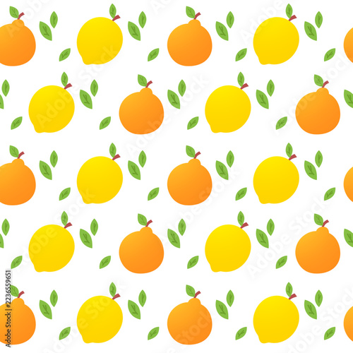 Bright seamless pattern featuring alternating orange and yellow lemons with small green leaves on a clean white background. The simple flat vector style, fresh citrus colors and repeating arrangement 