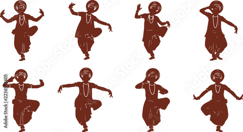 Traditional Indian Classical Dance Moves Illustrated in Various Dynamic Poses with Cultural Attire