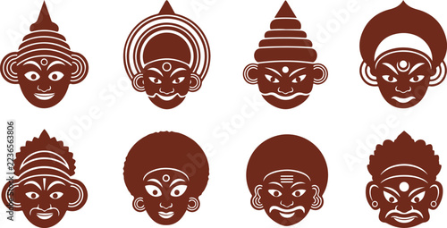 Traditional Indian Theater Masks Showing Various Emotional Expressions and Hairstyles Isolated Designs