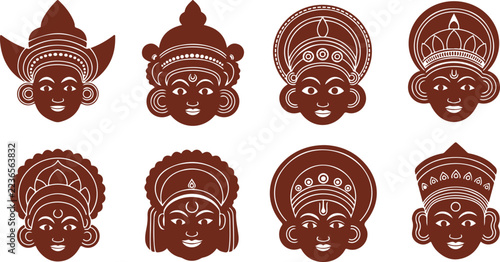 Traditional Indian theatrical mask designs with intricate headgear and expressive faces isolated on transparent background