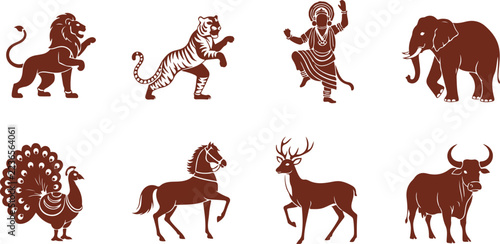 Vibrant traditional Indian symbols featuring animals deities and mythical creatures in brown silhouette style