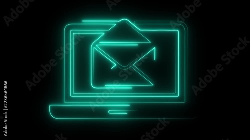 Glowing neon outline of an open envelope inside a laptop screen on a black background
