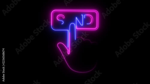 Neon cursor hand pressing the SEND' button with blue and pink glow on black