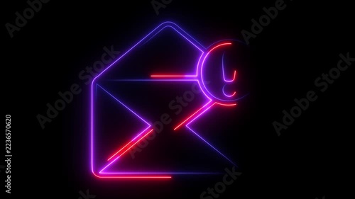 Neon envelope with red and purple glowing lines on black background