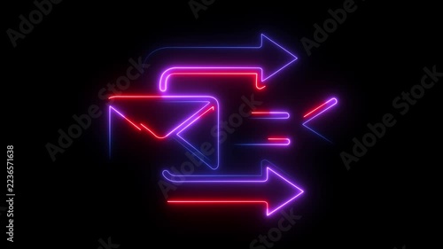 Neon light abstract symbol of data exchange and communication flow in purple and red
