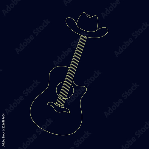 Minimalist Continuous Line Acoustic Guitar Cowboy Hat Black Background