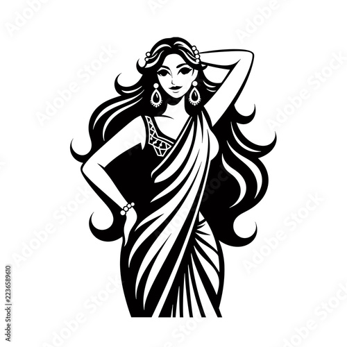 Elegant Indian Woman Flowing Sari Silhouette Vector
