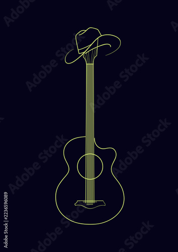 Neon White Wireframe Guitar Cowboy Hat Light Drawing Dark Background