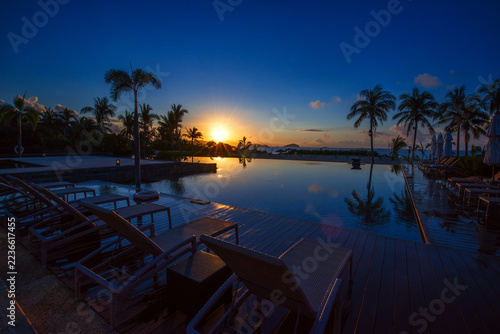 Serene Infinity Pool Deck at Sunset with Palm Trees and Ocean View