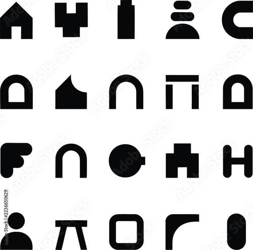 Minimalist geometric abstract pictogram set, flat black architectural symbol icons, scalable vector shapes for UI design
