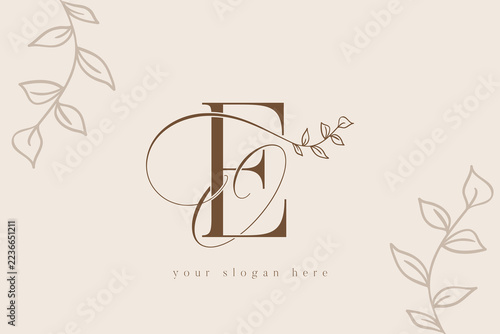 EO letter monogram vector logo design featuring elegant serif typography and delicate hand drawn botanical foliage branches in sophisticated brown tones
