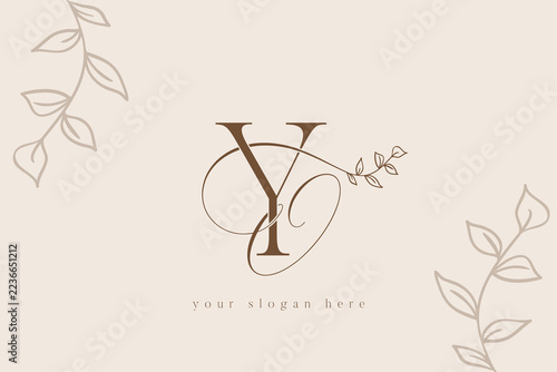 Luxury initial YO wedding monogram logo vector design with delicate hand drawn foliage and leaves in elegant brown tones