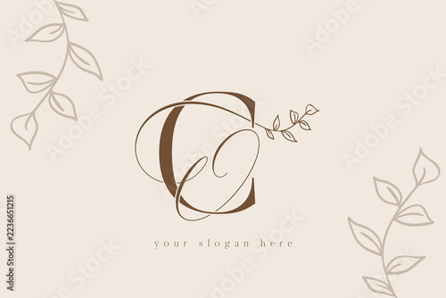 Brown CO letter monogram logo template adorned with hand drawn botanical foliage branches and serif typography