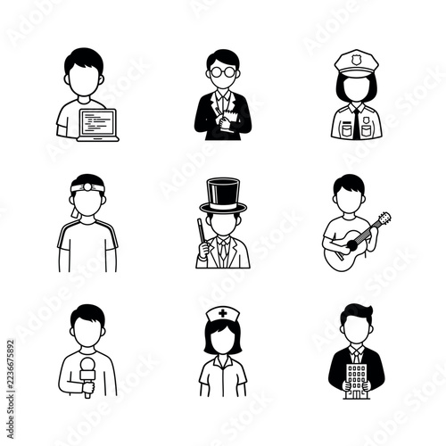 Outline doodle icons nine professions