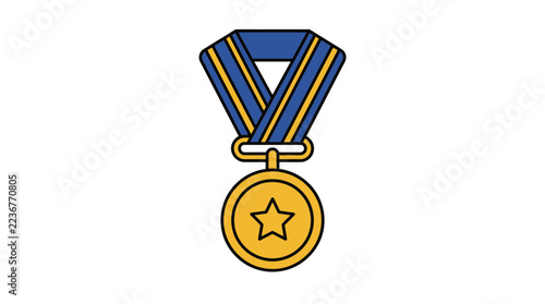 Award medal gold star blue ribbon and metal badge vector icon set for