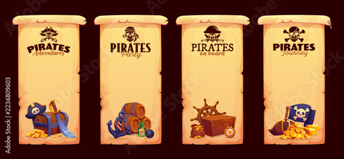 Vintage pirate old paper scroll banners with cartoon corsair ship anchor, black flag and captain hat. Pirate skull and crossbones, treasure chest, gold and rum, sword, barrel and compass banners set